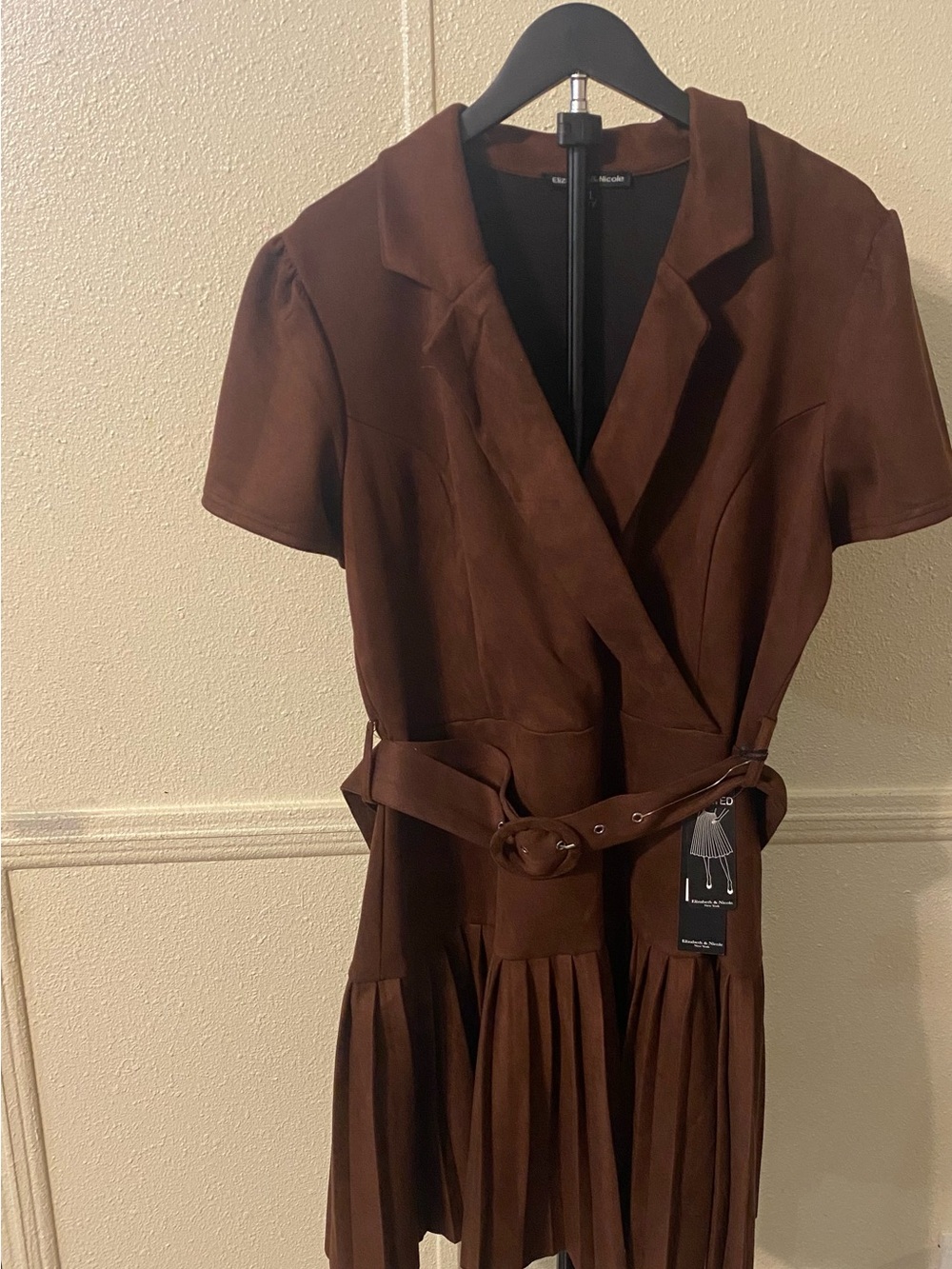 Brown Short-Sleeve Belted Wrap Dress